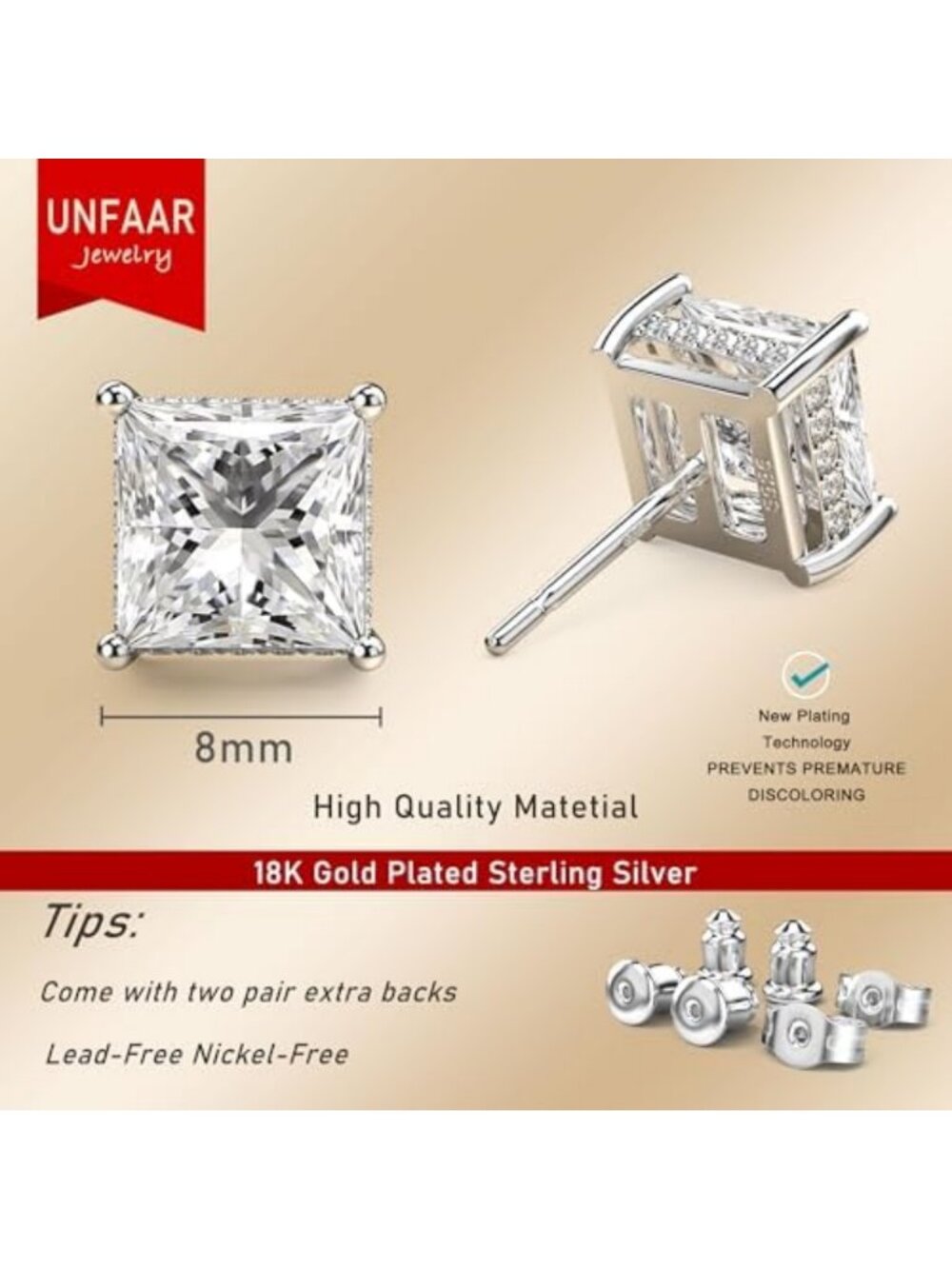 Elegant Princess Cut Cubic Zirconia Diamond Stud Earrings for Men - Perfect - Picture 6 of 6